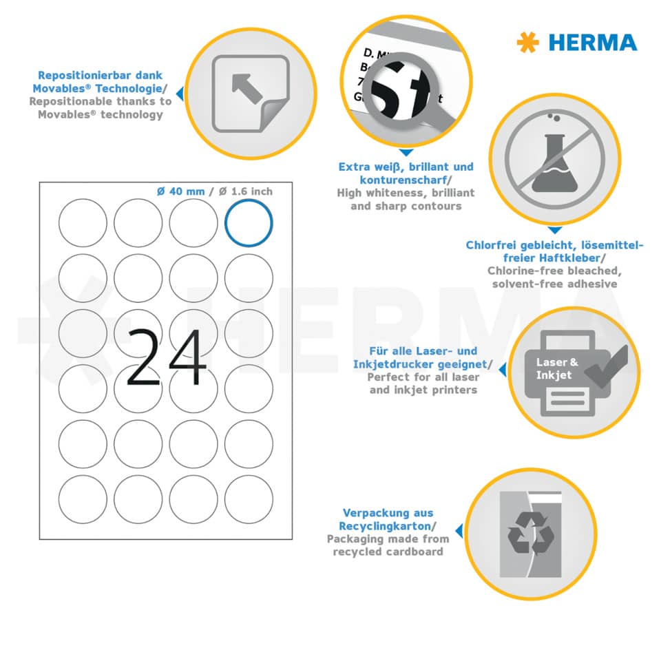 Etiketten ablösbar, Ø40mm, 600 Stück, weiß HERMA 5066 HERMA 5066 600 Stück wieder haftend