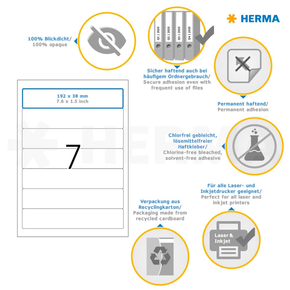 Ordnerrückenschild permanent, 38 x 192 mm, schmal/kurz, 175 Stück, weiß HERMA 5090 HERMA 5090  schmal permanent haftend