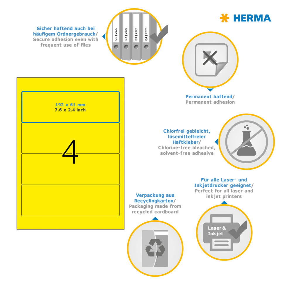 Ordnerrückenschild permanent, 61 x 192 mm, breit/kurz, 80 Stück, gelb HERMA 5096 HERMA 5096 f OrdnerBB