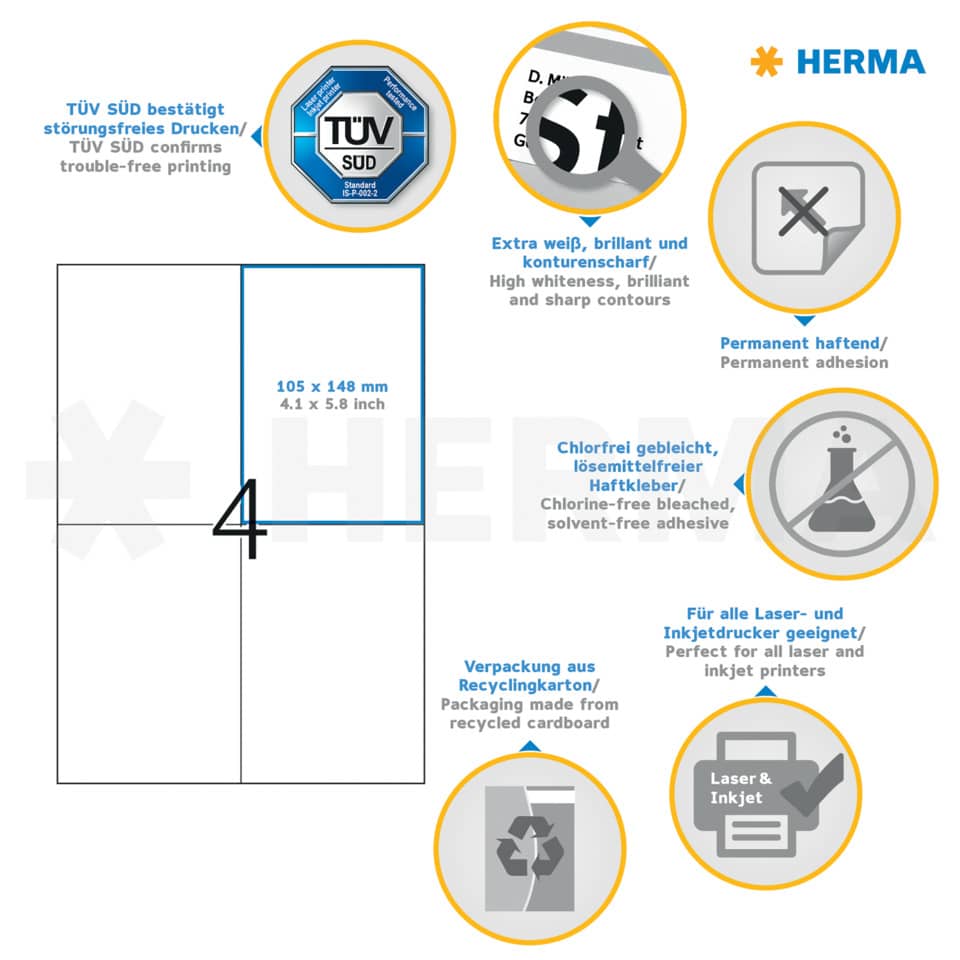 Etiketten Premium permanent, 105x148mm, 800 Stück, weiß HERMA 4627 HERMA 4627  800 Stück permanent haftend