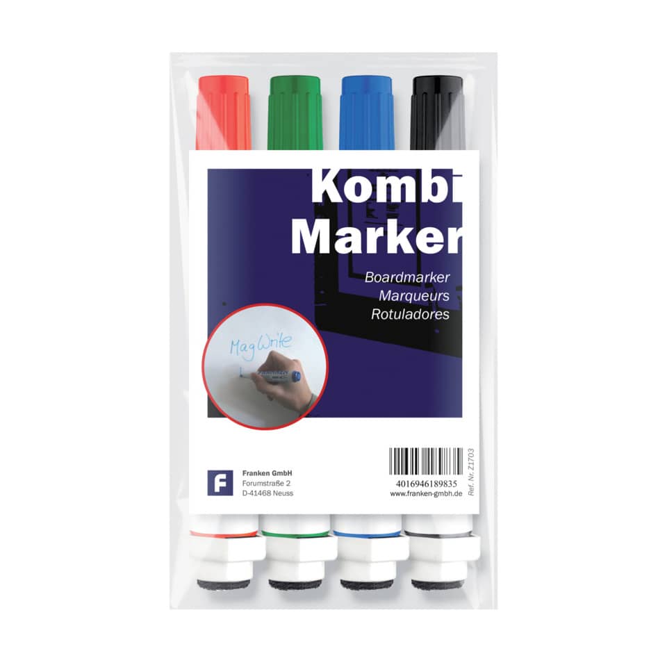 Whiteboardmarker MagWrite, magnetisch, mit Schwamm, Rundspitze, 1-3 mm, 4 Stück, sortiert FRANKEN Z1703 FRANKEN Z1703 KombiMarker