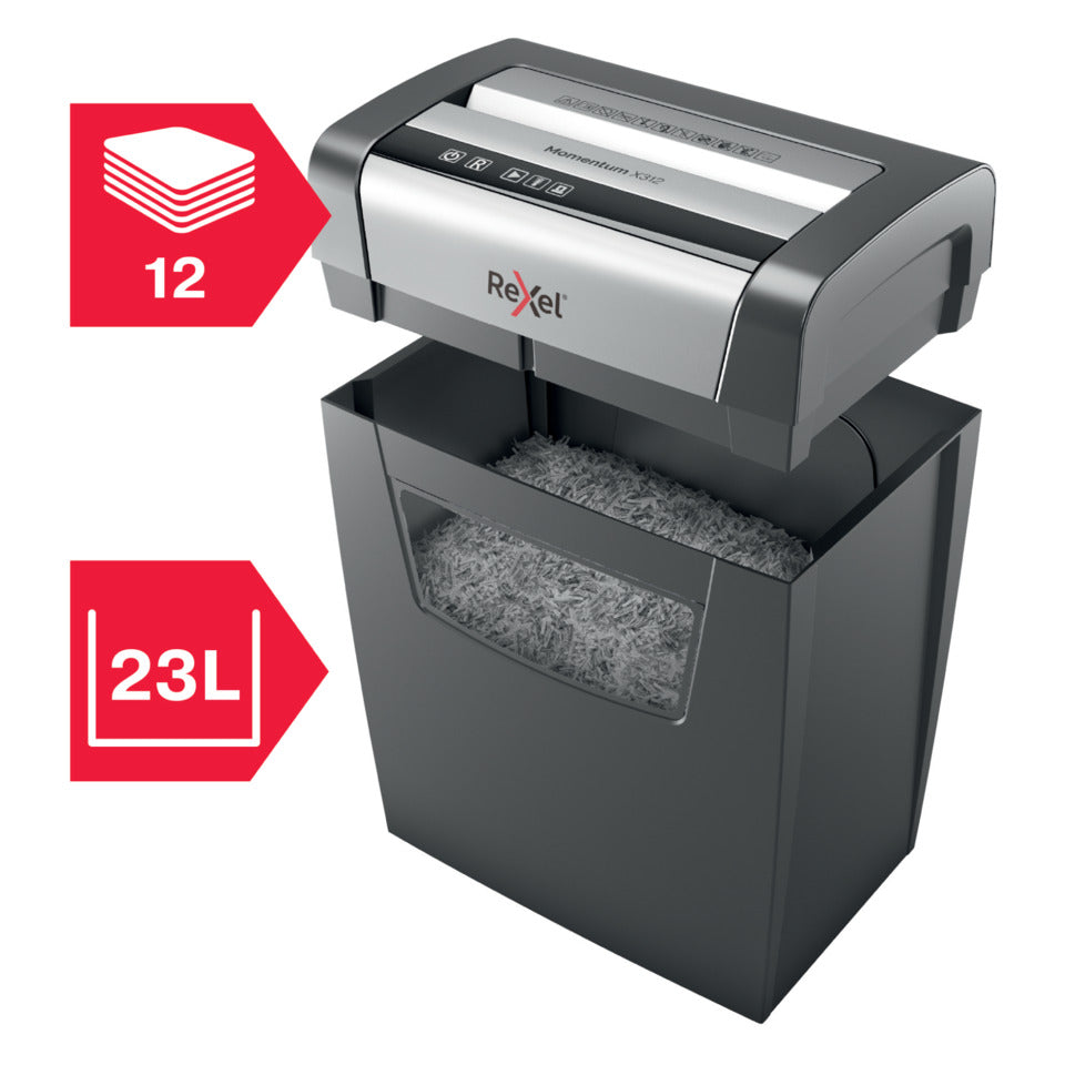 Aktenvernichter Momentum X312, Partikelschnitt 5x42mm, P3, 12 Blatt, schwarz REXEL 2104572EU REXEL 2104572EU  5x42 Partikel  P-3