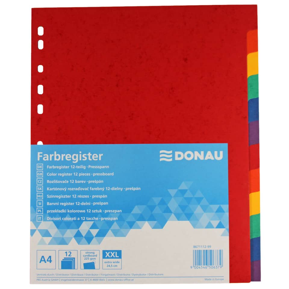 Kartonregister, A4 Überbreit, 225g/m², 12-teilig DONAU 8671112-99 DONAU 8671112-99 Karton225g