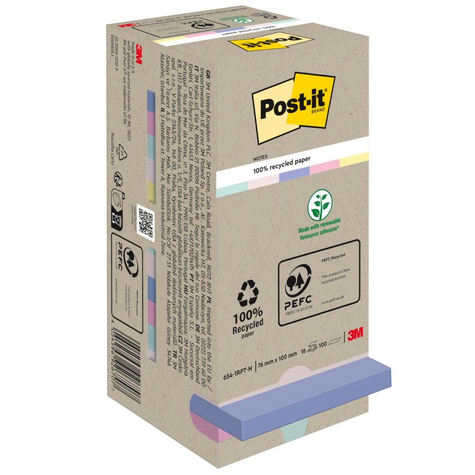 Haftnotizblock Super Sticky Recycling Notes, 76x76mm, 16x100 Blatt, sortiert POST-IT 654-1RPT