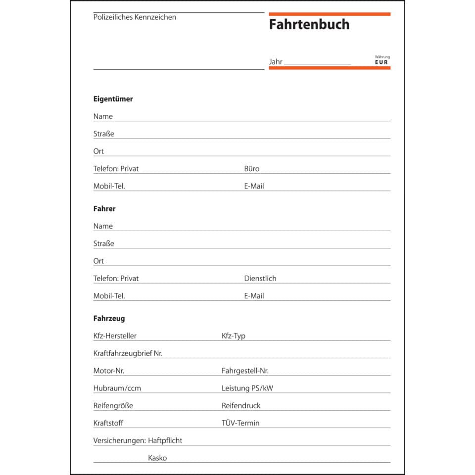 Fahrtenbuch PKW, A5, 32 Blatt SIGEL FA513