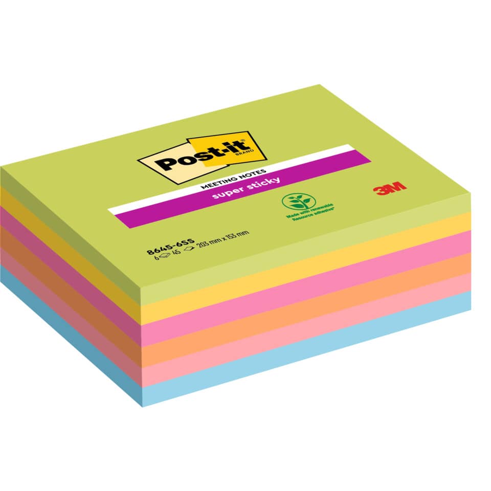 Haftnotizblock Super Sticky Meeting Notes, 203x152mm, 6x45 Blatt, neon POST-IT 8645-6SS-EU POST-IT 8645-6SS-EU 152x203mm