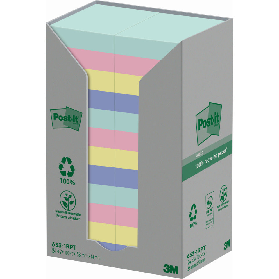 Haftnotiz Recycling Notes, 51x38mm, mint, hellblau, flamingopink, gelb, 24 x 100 Blatt POST-IT 653-1RPT POST-IT 653-1RPT 38x5mm 24ST