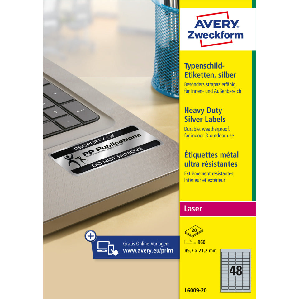Typenschildetikett, 45,7x21,2mm, 960 Stück, silber AVERY ZWECKFORM L6009-20 ZWECKFORM L6009-20 960ST