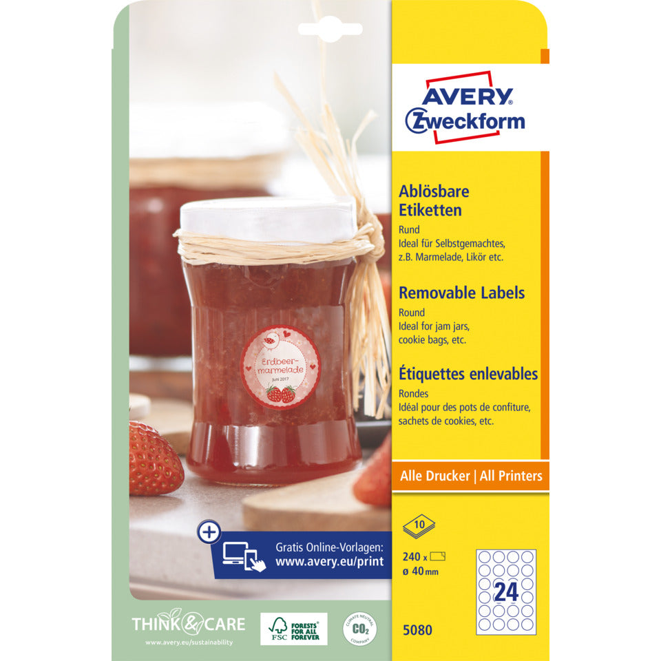 Runde Etiketten ablösbar, Ø40mm, 240 Stück, weiß AVERY ZWECKFORM 5080 ZWECKFORM 5080 ablösbar