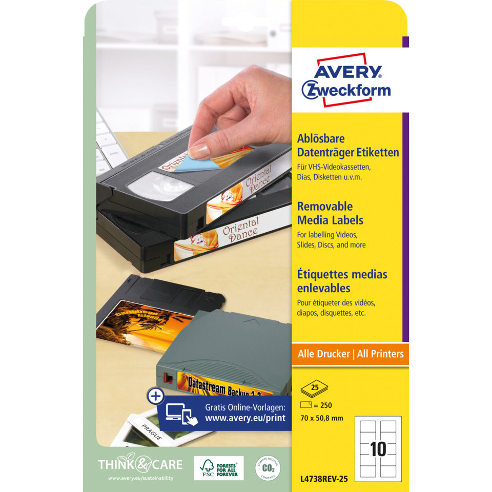 Etiketten für Disketten, 70x50,8mm, 250 Stück, weiß AVERY ZWECKFORM L4738REV-25 ZWECKFORM L4738REV-25 weiß