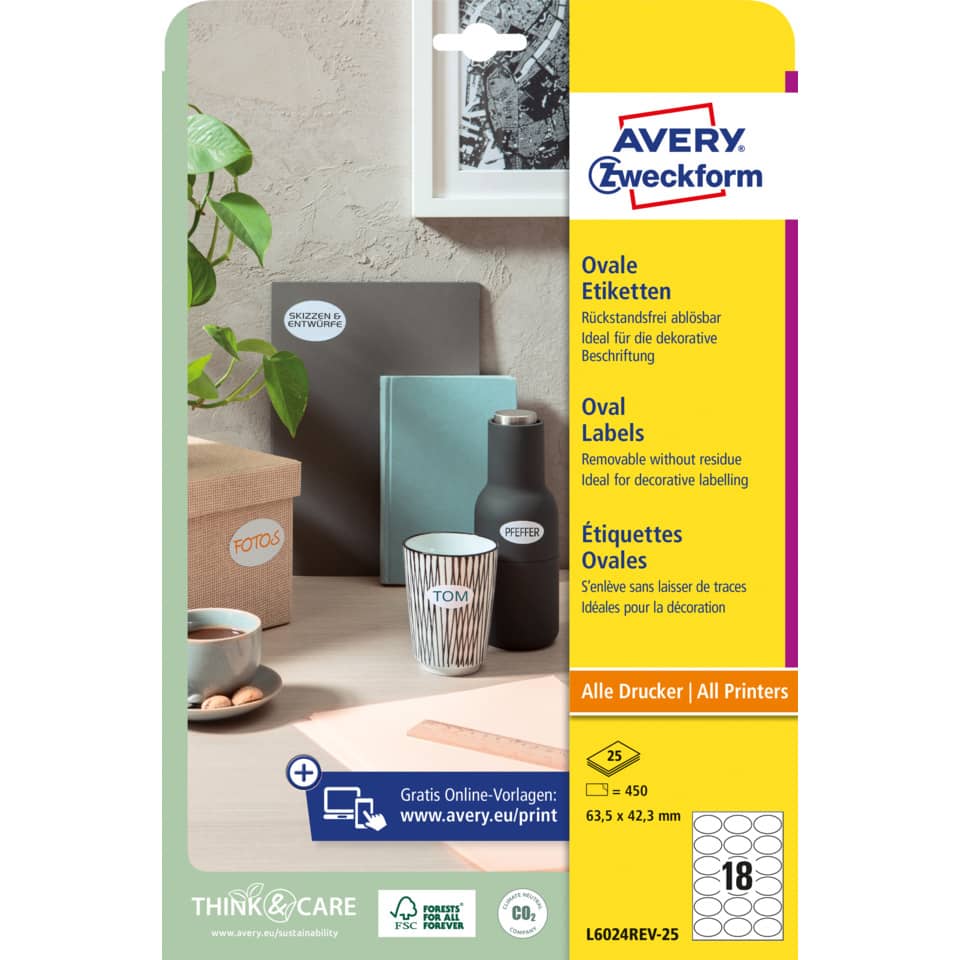 Ovale Etiketten ablösbar, 63,5x42,3mm, 450 Stück, weiß AVERY ZWECKFORM L6024REV-25 ZWECKFORM L6024REV-25 450ST