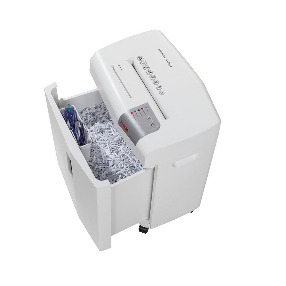 Aktenvernichter shredstar X12pro, Partikelschnitt 2x15mm, P4, 12 Blatt, weiß/silber HSM 1033121 HSM 1033121 Partikel 2x15mm