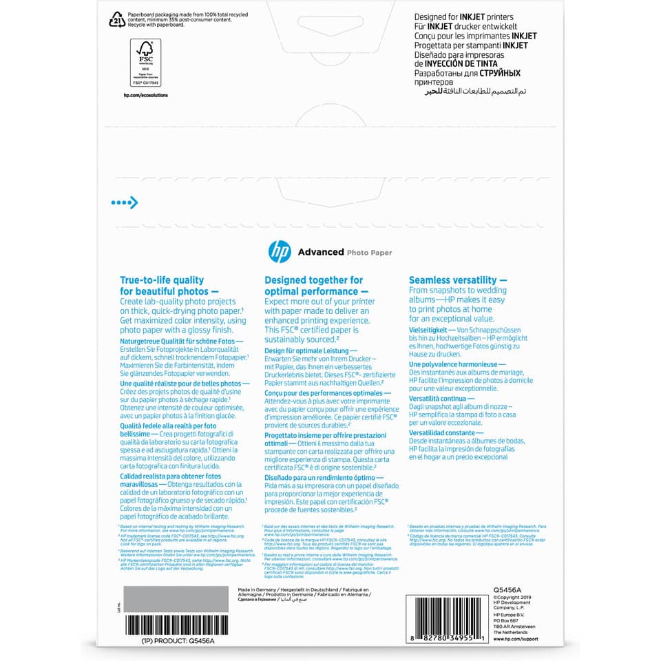 Inkjet Fotopapier glossy, A4, 250 g/m², 25 Blatt, weiß HP Q5456A HP P Q5456A Advanced 250g A4