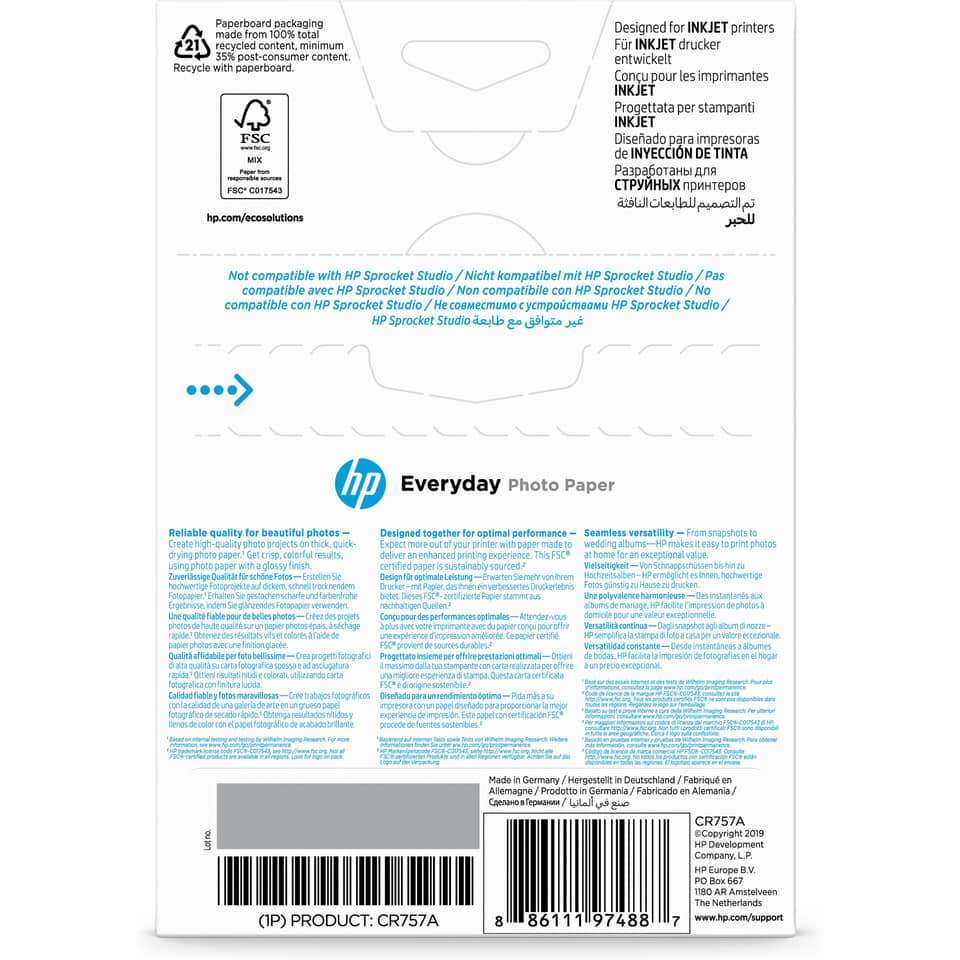 Inkjet Fotopapier, 10 x 15cm, 200g/m², 100 Blatt, glossy HP CR757A HP P CR757A Everyday 200g 10x15cm