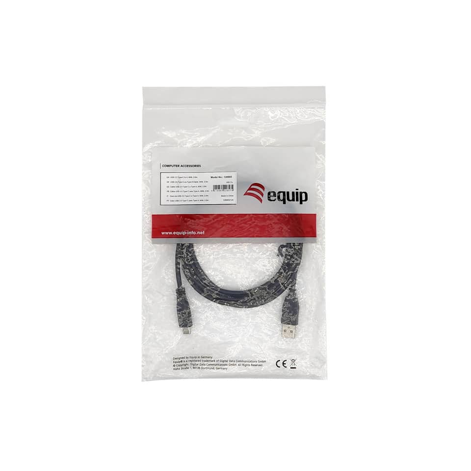 USB-Kabel 2.0, Type-A to C, 2m, M/M, 480Mbps, schwarz EQUIP 128885