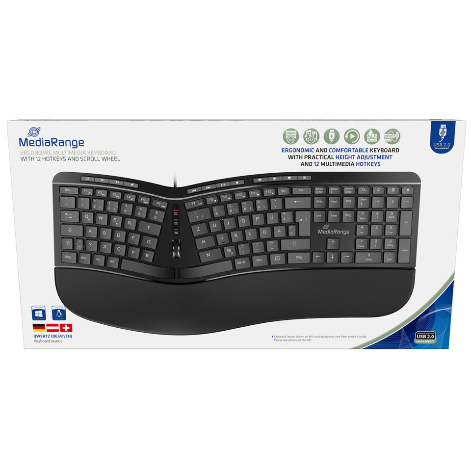 Tastatur Ergo mit Kabel + Handgelenkauflage, kabelgebunden, schwarz MEDIARANGE MROS120 MEDIARANGE MROS120 Ergo