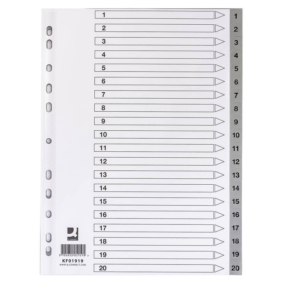 Ordnerregister 1-20, A4, grau Q-CONNECT KF01919 Q-CONNECT KF01919 Indexblatt