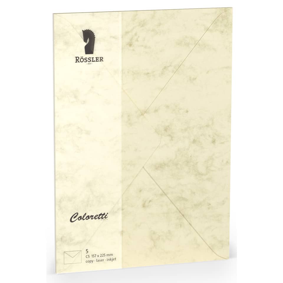 Briefumschlag Coloretti, C5, 80g/m², nassklebend, 5 Stück, chamois marmora RÖSSLER 220711506 COLORETTI 220711506