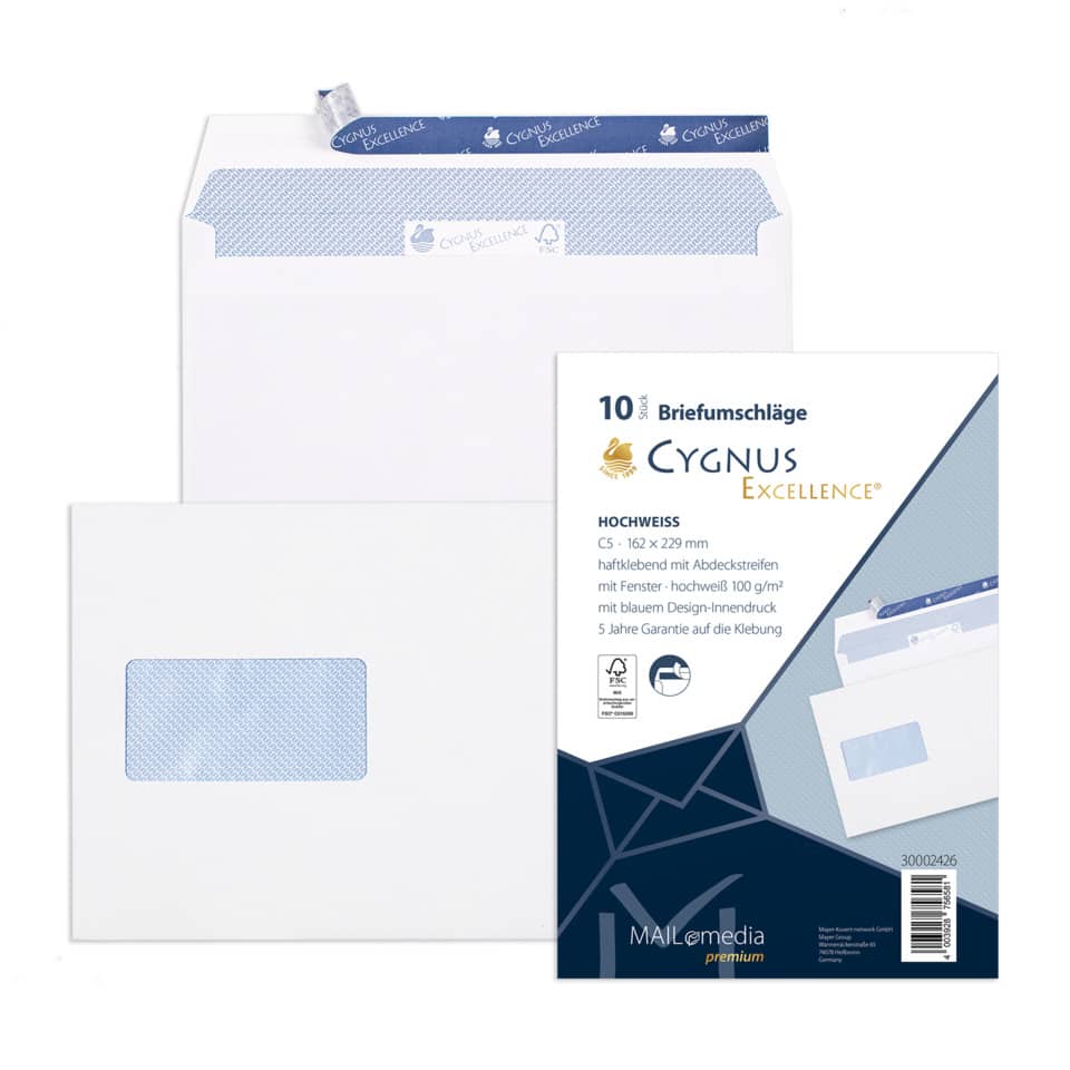 Briefumschlag mit Fenster, C5, 100g/m², haftklebend, 10 Stück, weiß CYGNUS EXCELLENCE 30002426 CYGNUS EXCELLENCE 30002426 10ST