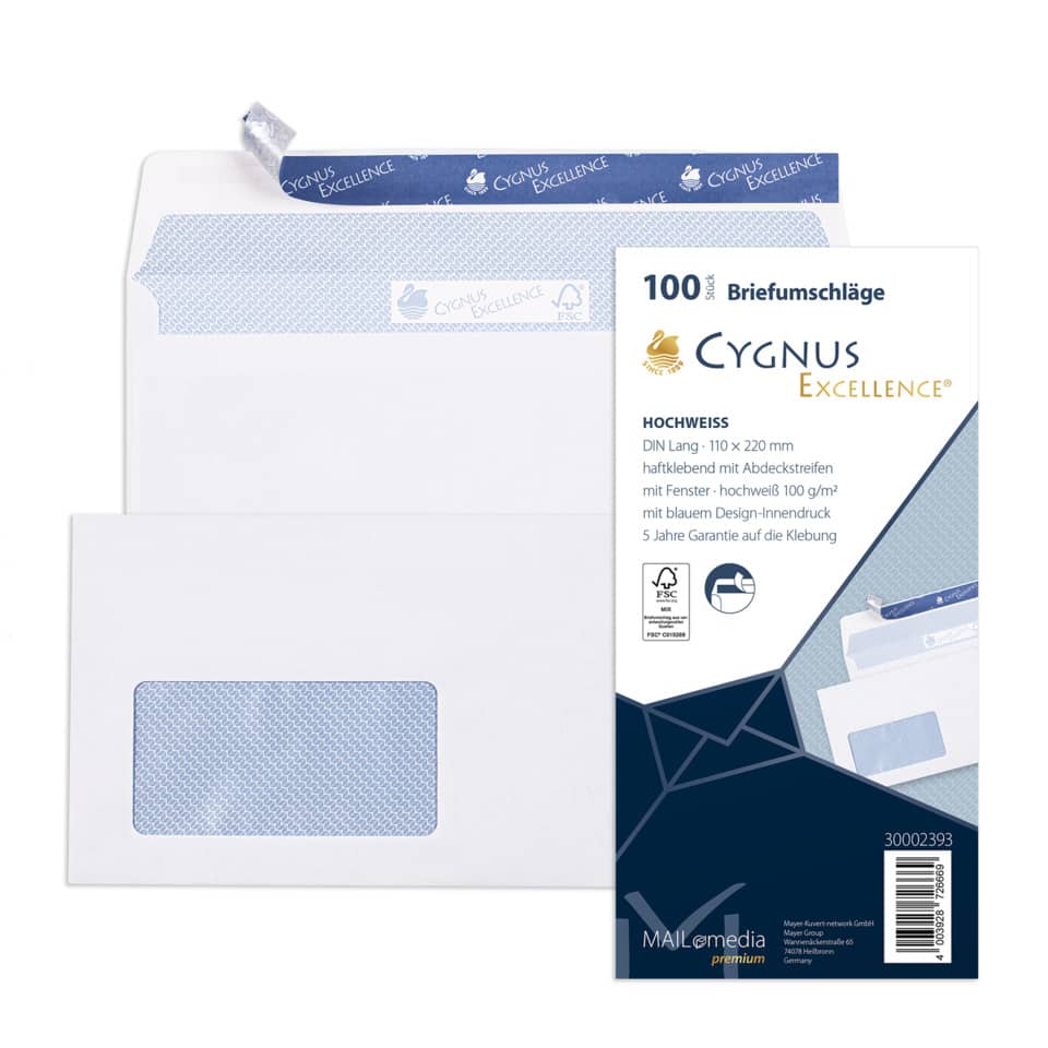 Briefumschlag mit Fenster, DIN lang, 100g/m², haftklebend, 100 Stück, weiß CYGNUS EXCELLENCE 30002393 CYGNUS EXCELLENCE 30002393 100ST