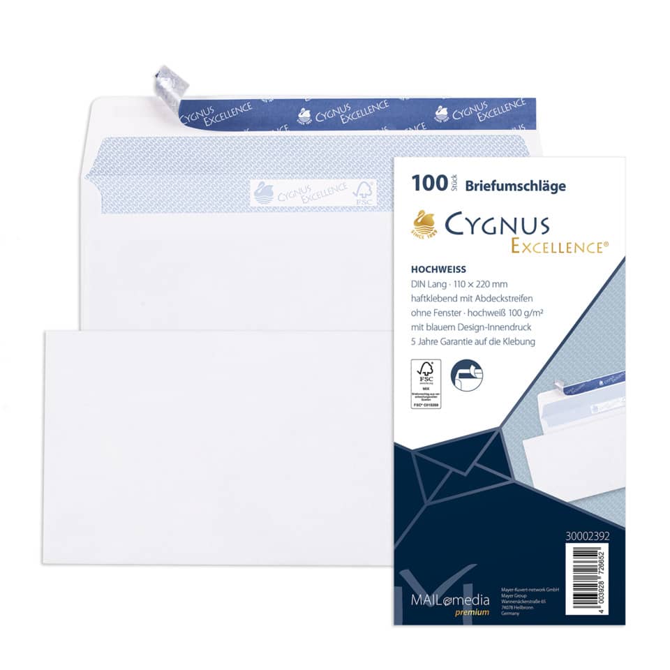 Briefumschlag ohne Fenster, DIN lang, 100g/m², haftklebend, 100 Stück, weiß CYGNUS EXCELLENCE 30002392 CYGNUS EXCELLENCE 30002392 100ST