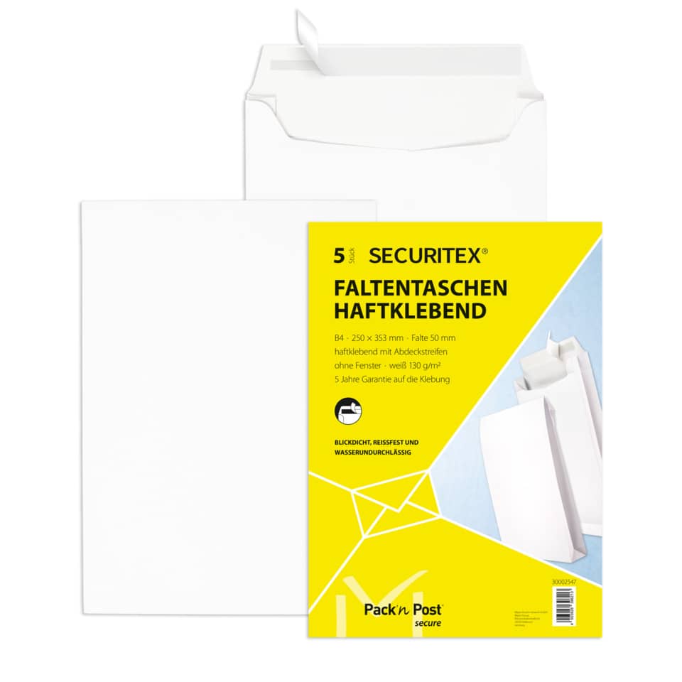 Versandtasche mit Falte, B4, 130g/m², Haftklebend, 5 Stück, weiß SECURITEX 30002547 SECURITEX 30002547 Abz. Str. 5ST