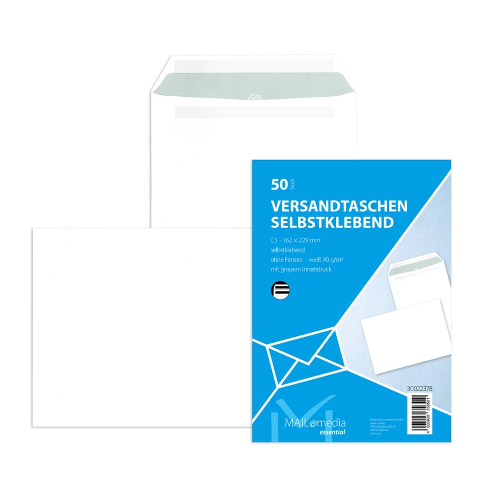 Versandtasche mit Innendruck, C5, 90g/m², Selbstklebend, 50 Stück, weiß MAILMEDIA 30022378 30022378 50ST Offset m.Innendruck