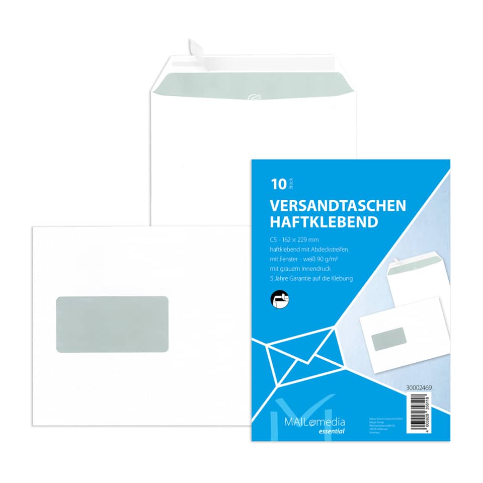 Versandtasche mit Fenster, C5, 90g/m², Haftklebend, 10 Stück, weiß MAILMEDIA 30002469 30002469 10ST