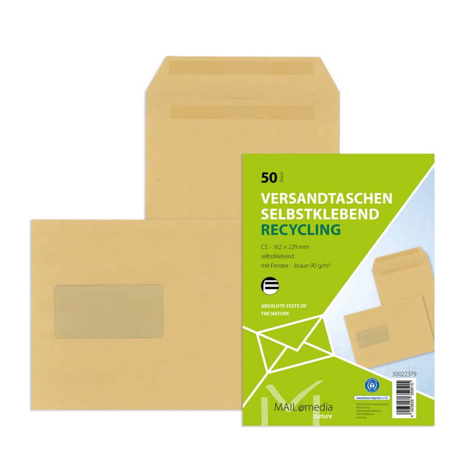 Versandtasche mit Fenster, C5, 90g/m², Selbstklebend, 50 Stück, braun MAILMEDIA 30022379 MAILMEDIA 30022379 50ST