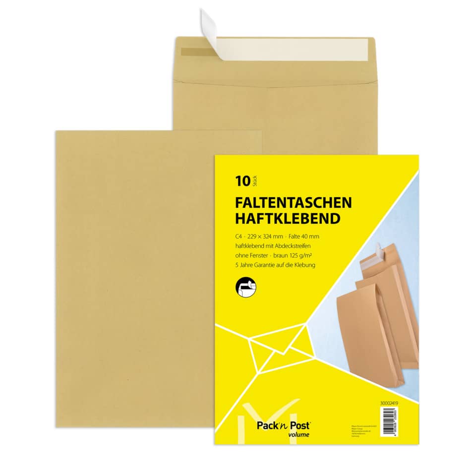 Versandtasche mit Falte 40mm, C4, 120g/m², Haftklebend, 10 Stück, braun MAILMEDIA 30002419 30002419  m. Falte 40mm Klotzboden