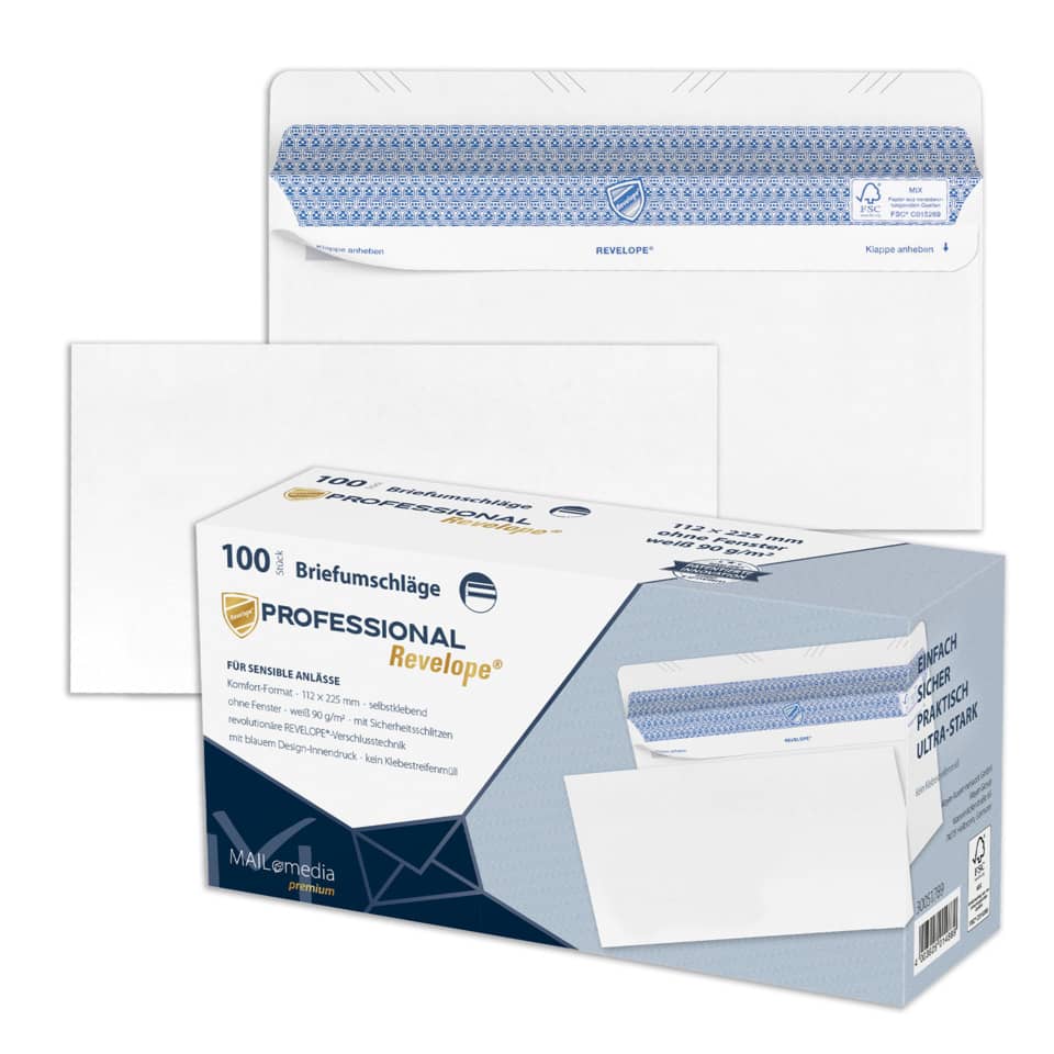Briefumschlag ohne Fenster - Revelope®, DIN lang, 90g/m², 100 Stück, weiß PROFESSIONAL 30051789