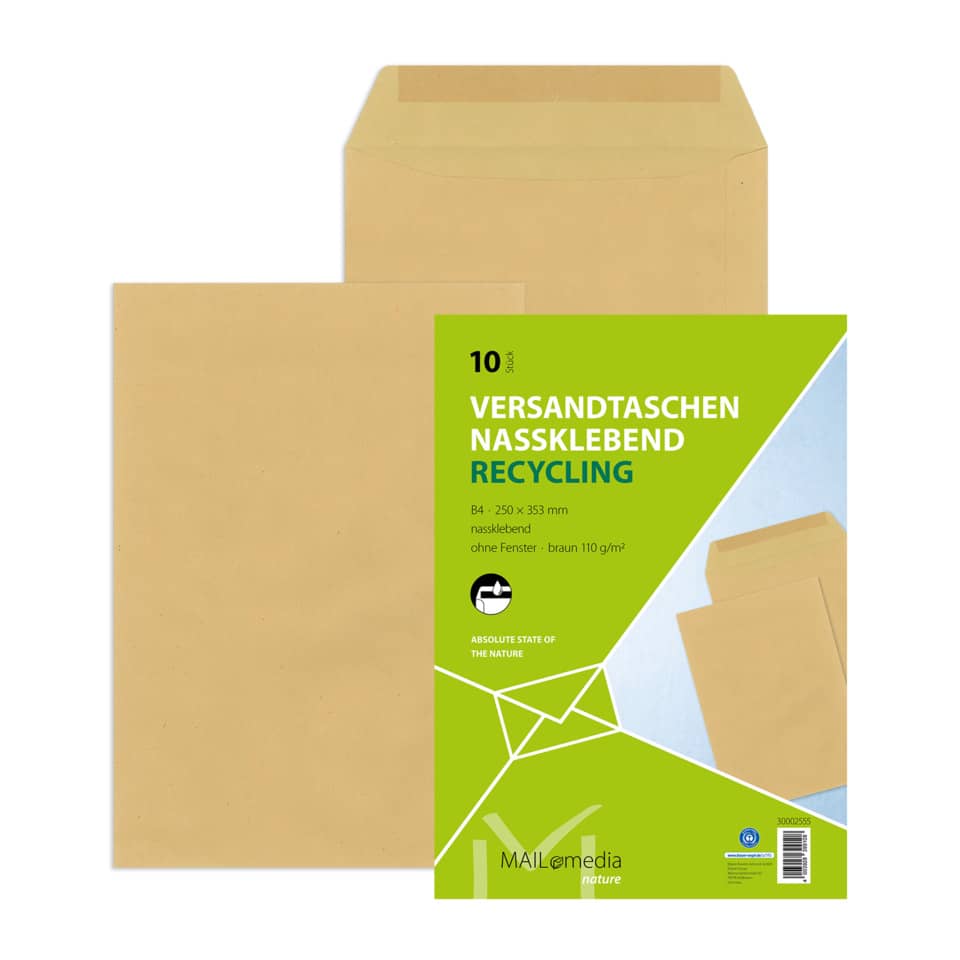 Versandtasche gummiert, B4, 110g/m³, Nassklebend, 10 Stück, braun MAILMEDIA 30002555 30002555 10ST