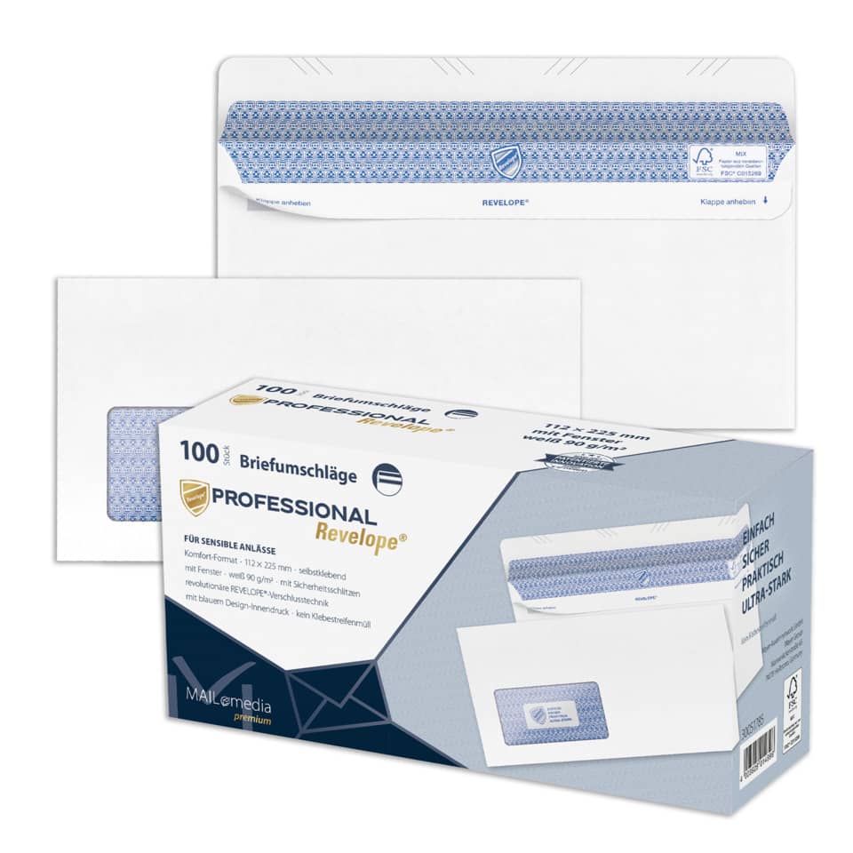 Briefumschlag mit Fenster - Revelope®, DIN lang, 90g/m², 100 Stück, weiß PROFESSIONAL 30051785