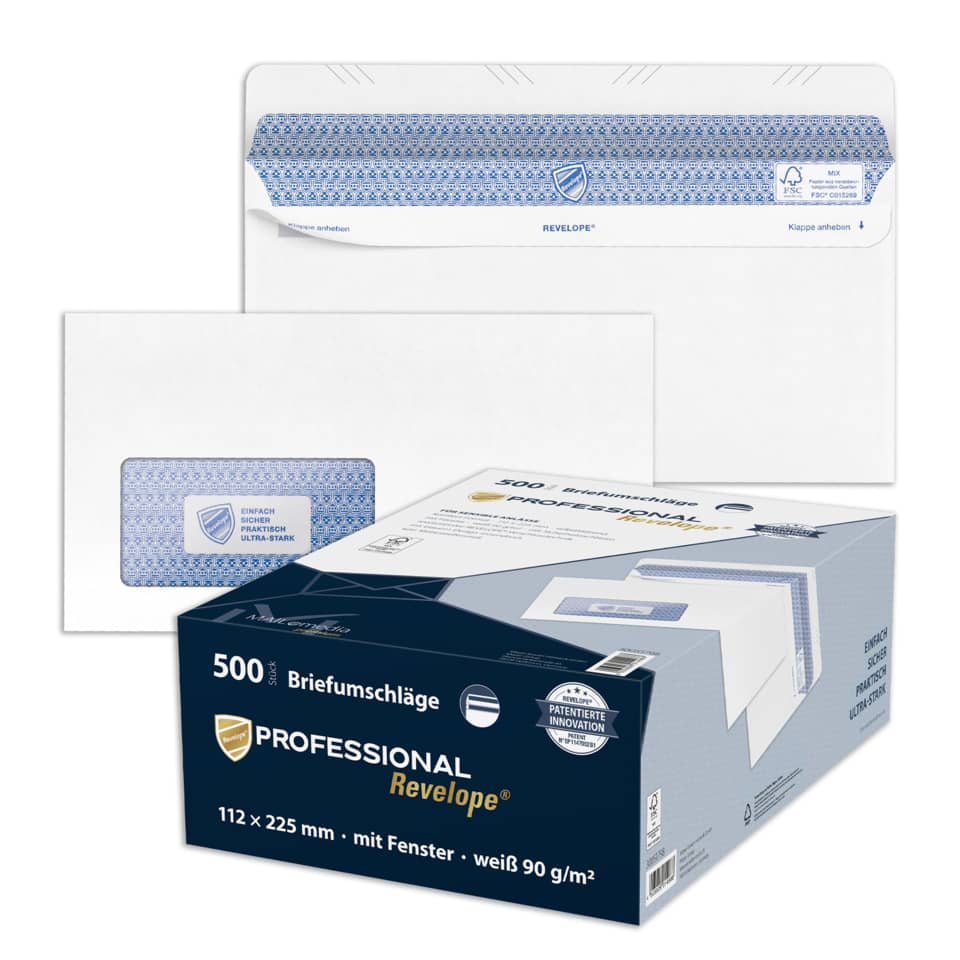 Briefumschlag mit Fenster - Revelope®, DIN lang, 90g/m², 500 Stück, weiß PROFESSIONAL 30051798