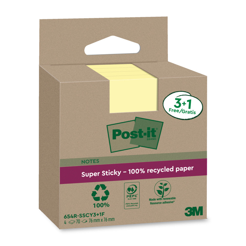 Haftnotizblock Super Sticky Recycling Notes, 76x76mm, 4x70 Blatt, gelb POST-IT 654 RSSCY 3+1F POST-IT 654 RSSCY 3+1F 76x76mm Super