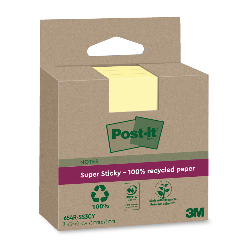 Haftnotizblock Super Sticky Recycling Notes aus 100% recyceltem Papier, 76x76 mm, gelb, 3 x 70 Blatt POST-IT 654 RSS3CY POST-IT 654 RSS3CY 76x76mm Super Sticky