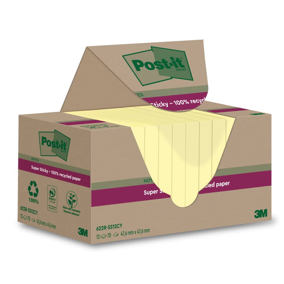 Haftnotizblock Super Sticky Recycling Notes, 47,6x47,6mm, 12x70 Blatt, gelb POST-IT 622 RSS12CY POST-IT 622 RSS12CY 47,6x47,6mm Super