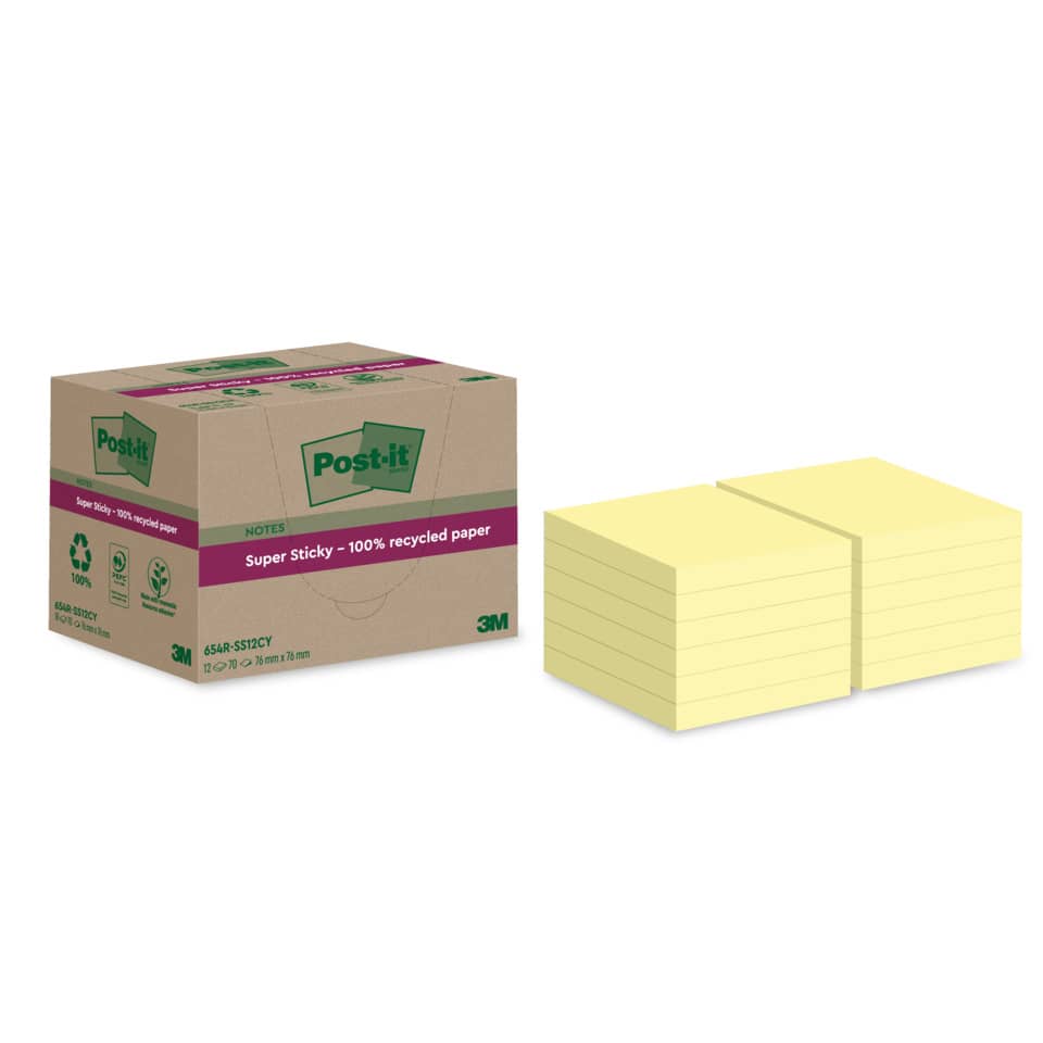 Haftnotizblock Super Sticky Recycling Notes, 76x76mm, 12x70 Blatt, gelb POST-IT 654 RSS12CY POST-IT 654 RSS12CY 76x76mm Super Sticky
