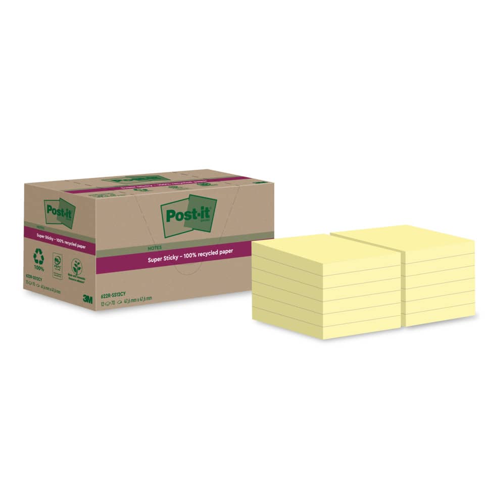 Haftnotizblock Super Sticky Recycling Notes, 47,6x47,6mm, 12x70 Blatt, gelb POST-IT 622 RSS12CY POST-IT 622 RSS12CY 47,6x47,6mm Super
