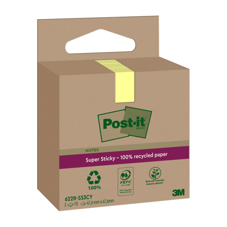 Haftnotizblock Super Sticky Recycling Notes aus 100% recyceltem Papier, 47,6 x 47,6 mm, gelb, 3 x 70 Blatt POST-IT 622 RSS3CY POST-IT 622 RSS3CY 47,6x47,6mm Super