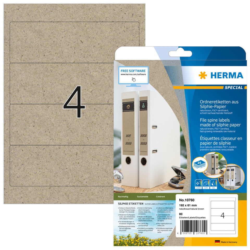 Ordnerrückenschild permanent, 61 x 192 mm, breit/kurz, 40 Stück, naturbraun HERMA 10760 HERMA 10760 permanent Silphie-Papier
