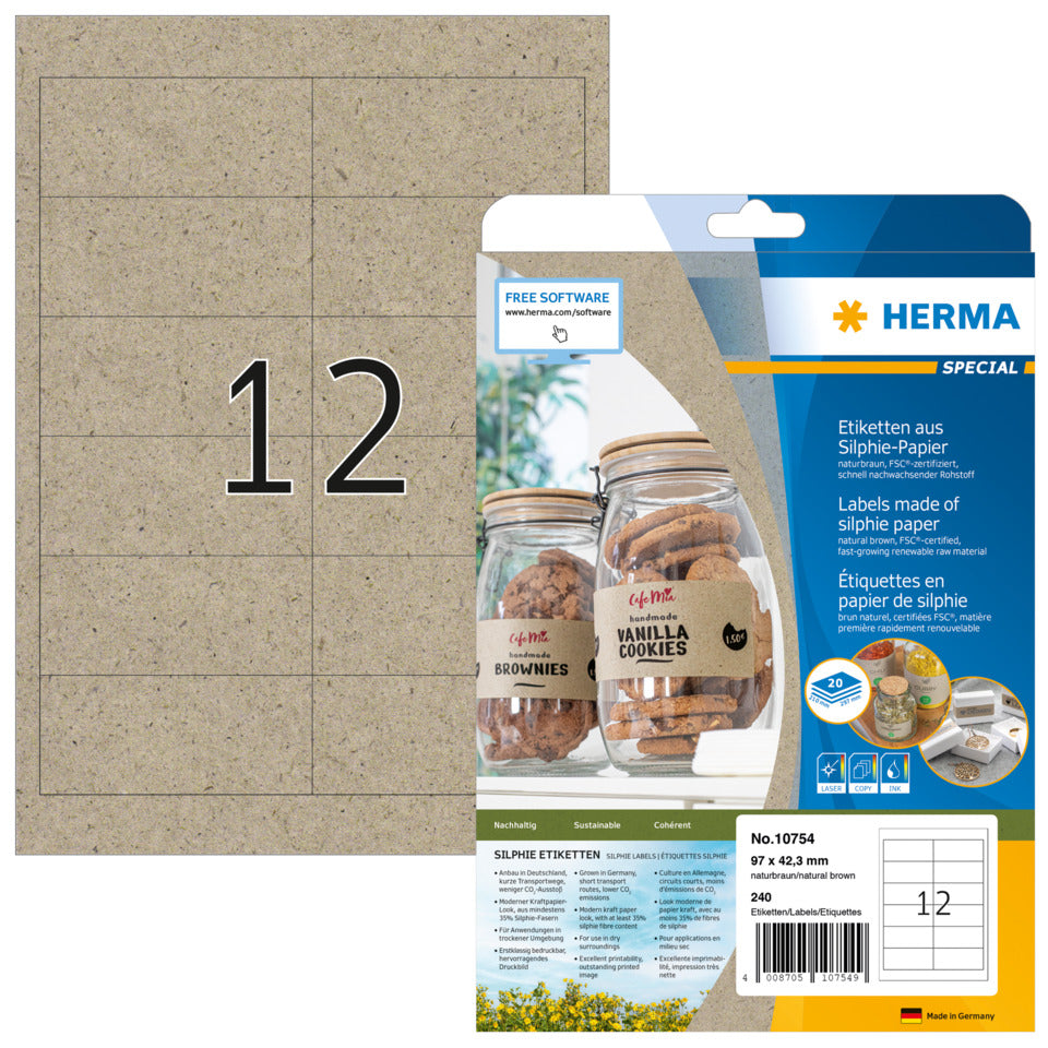 Etiketten aus Silphie-Papier permanent, 97x42,3mm, 240 Stück, braun HERMA 10754 HERMA 10754 permanent Silphie-Papier