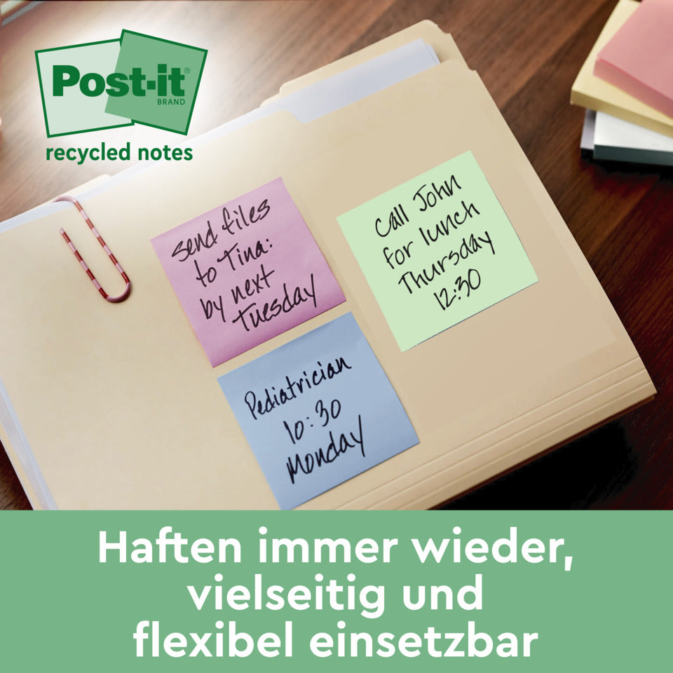 Haftnotizblock Super Sticky Recycling Notes aus 100% recyceltem Papier, 76x76 mm, farbig, 4 x 70 Blatt POST-IT 654 RSSCOL 3+1F POST-IT 654 RSSCOL 3+1F 76x76mm