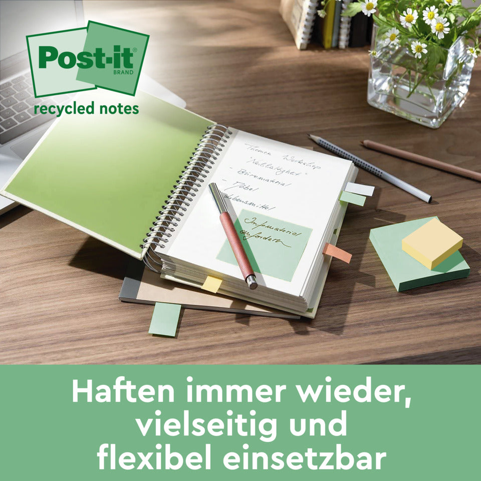 Haftnotizblock Super Sticky Recycling Notes aus 100% recyceltem Papier, 76x76 mm, farbig, 4 x 70 Blatt POST-IT 654 RSSCOL 3+1F POST-IT 654 RSSCOL 3+1F 76x76mm
