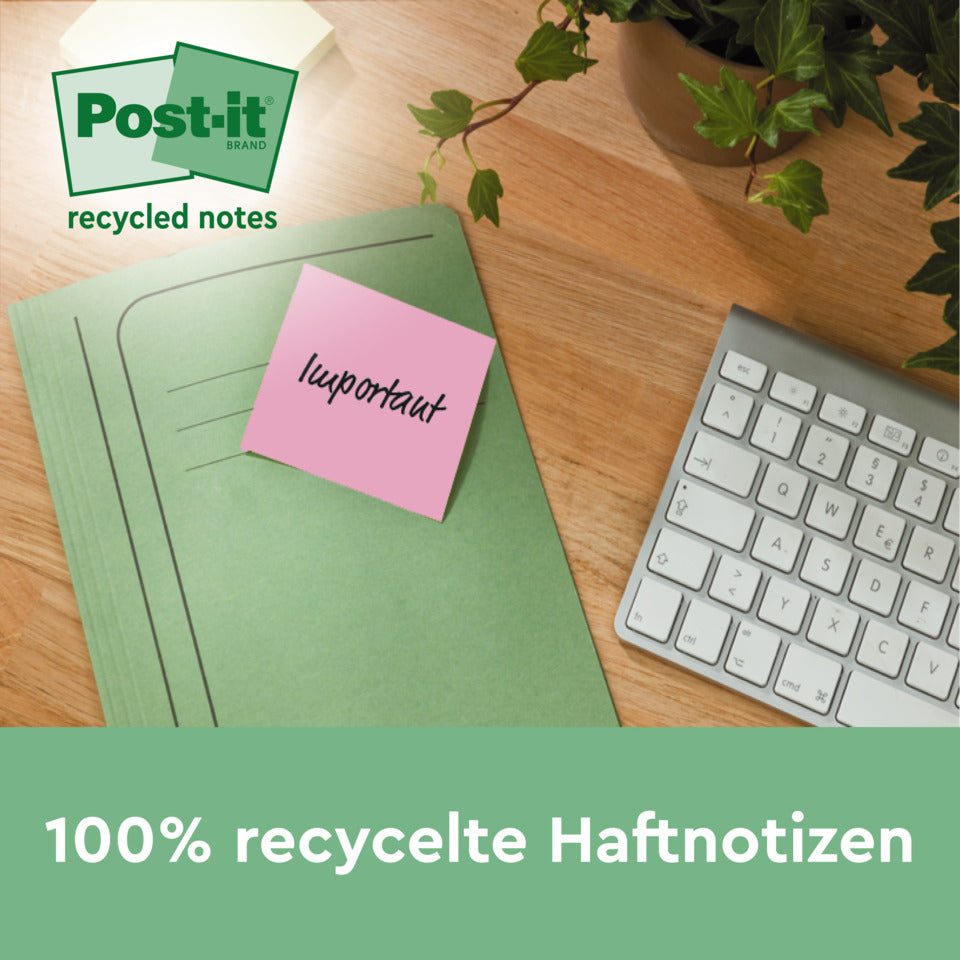 Haftnotizblock Super Sticky Recycling Notes aus 100% recyceltem Papier, 76x76 mm, farbig, 4 x 70 Blatt POST-IT 654 RSSCOL 3+1F POST-IT 654 RSSCOL 3+1F 76x76mm
