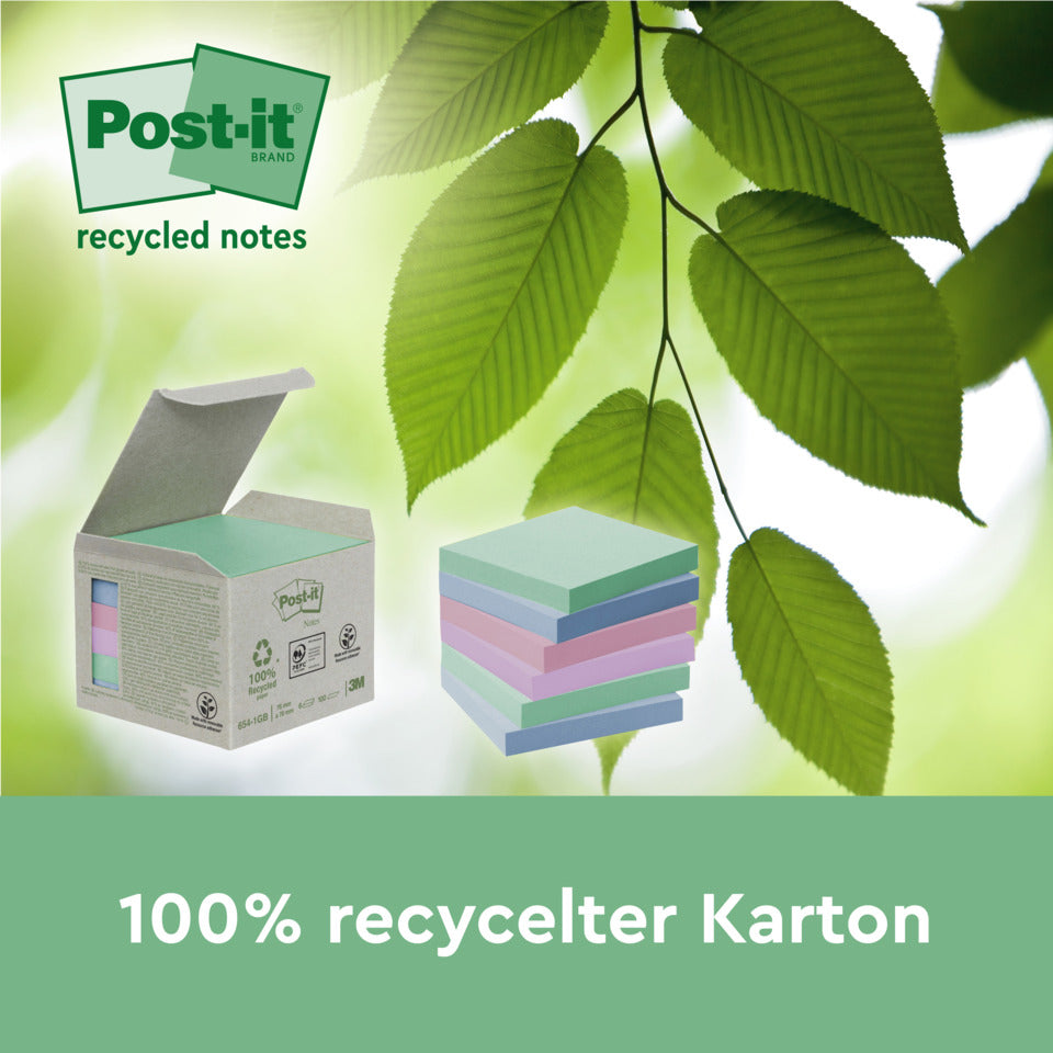 Haftnotizblock Super Sticky Recycling Notes aus 100% recyceltem Papier, 76x76 mm, farbig, 4 x 70 Blatt POST-IT 654 RSSCOL 3+1F POST-IT 654 RSSCOL 3+1F 76x76mm