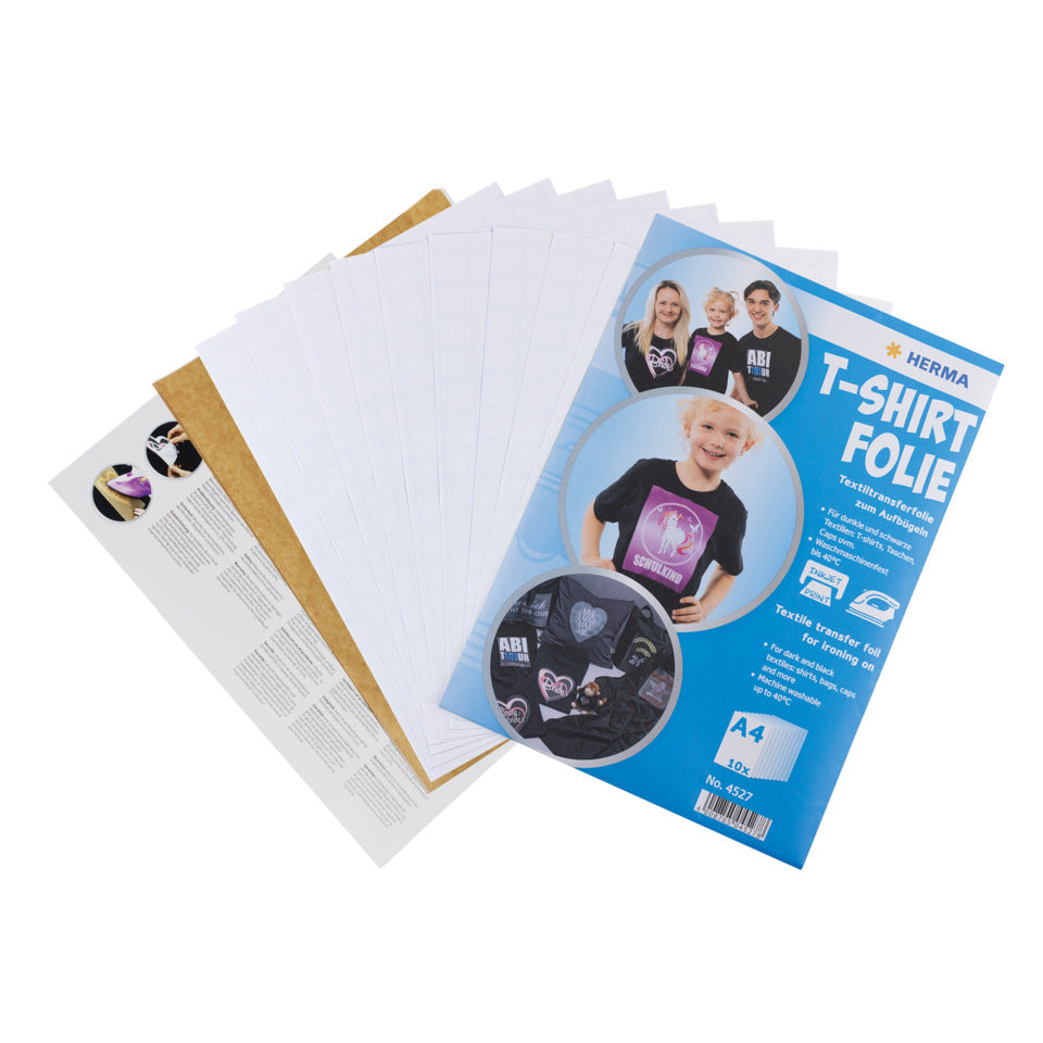 Inkjet Bügelfolie, A4, 10 Blatt für dunkle Textilien HERMA 4527 HERMA 4527 für dunkle und schwarze Text