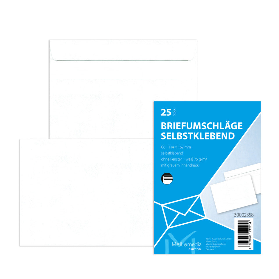 Briefumschlag ohne Fenster, C6, 75g/m², selbstklebend, 25 Stück, weiß MAILMEDIA 30002358 MAILMEDIA 30002358 25ST m.Innendruck