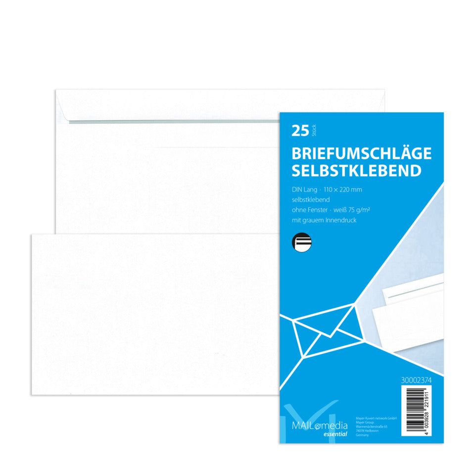 Briefumschlag ohne Fenster, DIN lang, 75g/m², selbstklebend, 25 Stück, weiß MAILMEDIA 30002374 30002374 25ST