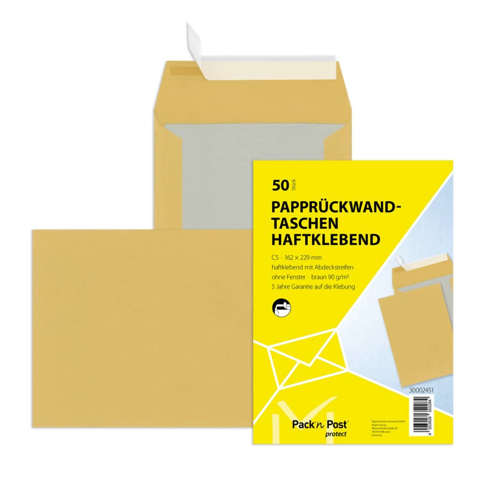 Papprückwandtasche, C5, 90g/m², Haftklebend, 50 Stück, braun MAILMEDIA 30002451 MAILMEDIA 30002451 50ST Papprückwand